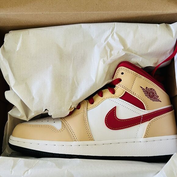 NIKE Air Jordan 1 Mid White Onyx/White/Cardinal Red/Light Curry - US 7 - Picture 6 of 7